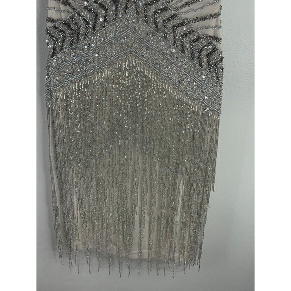 NWT Lara Silver Fringe Beaded Mini Cocktail Dress Short Sleeve V-Neck Size 2 - Picture 7 of 11